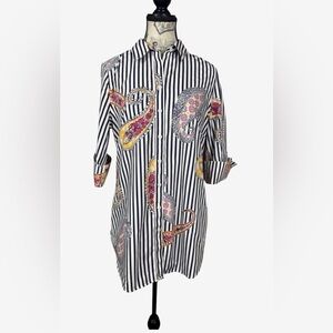 Chico's Navy & White Striped Paisley Button Down Casual Chic Shirt Size 0 (4/6)